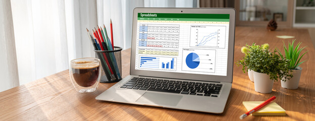 Poster - Spreadsheet document information financial startup concept. data and graphs in spreadsheet documents for online analysis project dashboard accounting digital snugly