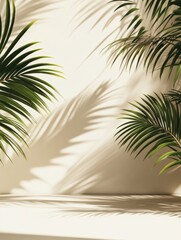 Poster - Serene minimalist studio backdrop with soft light, shadows, and tropical plant leaves.