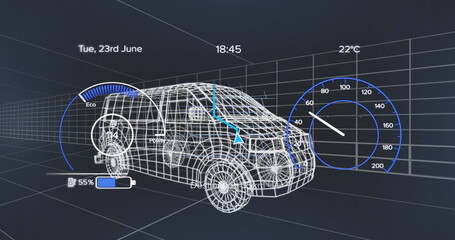 Poster - Displaying 3D wireframe van model in digital grid space, with eco-power gauge and speedometer dial