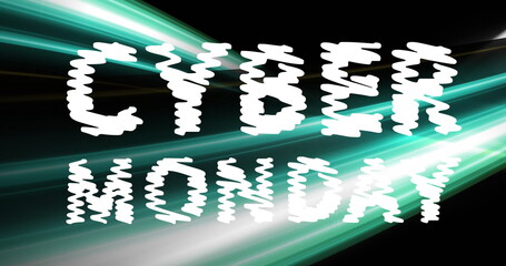 Poster - Glitch-effect CYBER MONDAY text flashing in black graphic canvas, with teal and white light streaks