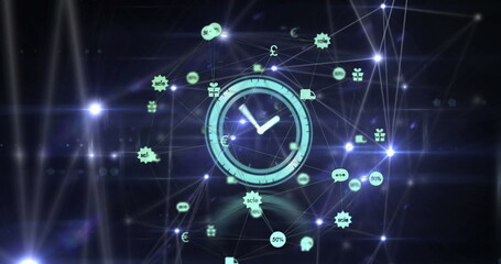 Poster - Glowing analog clock face connecting network and floating currency, marketing icons in digital grid
