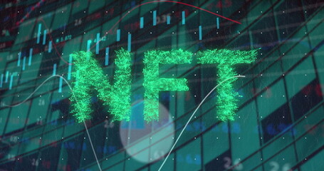 Poster - Displaying glowing green NFT text over virtual dashboard, with candlestick chart and line graph