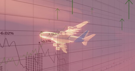 Poster - Hovering translucent airplane overlaying chart grid, with line graphs, bars, arrows and percentages
