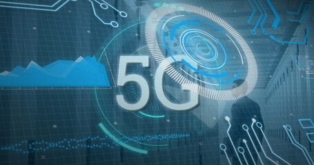 Poster - Standing shadowy man in suit at staircase in corporate lobby, with glowing 5G hologram, copy space