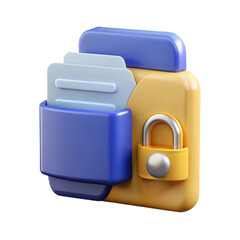 Poster - 3d icon of a 3d icon depicting secure digital files, a blue folder containing light blue documents and secured by a yellow padlock, isolated on transparent background
