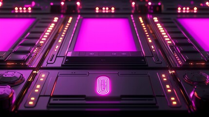 Poster - Abstract futuristic metallic panel with pink neon light and detailed structure