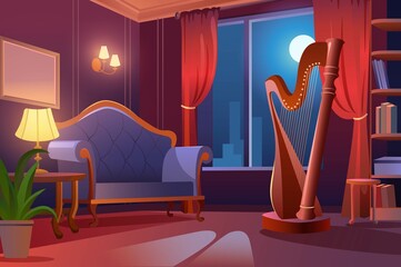Poster - A serene indoor scene featuring a harp next to a stylish armchair and a warm lamp in a well-lit room with curtains, creating a calm atmosphere of relaxation.