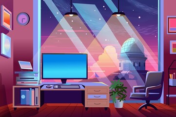 Poster - A cozy room featuring a desk with a computer, overlooking an observatory under a starry sky, with a warm ambiance.