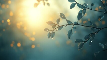 Poster - Branches of Serenity: A captivating image of delicate tree branches adorned with fresh leaves and glistening water droplets, bathed in the soft, diffused light of dawn.