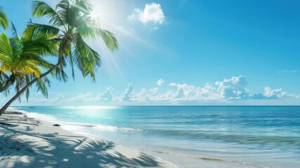 Poster - Serenity of a tropical beach with palm trees and gentle waves under a bright sun in 4K resolution