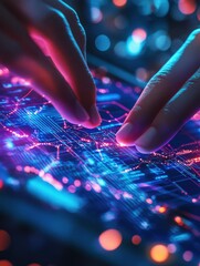Aufkleber - Person interacts with futuristic digital mobile device. Hands touch screen displaying complex data networks. Digital connections, tech details highlight modern tech, global connectivity.