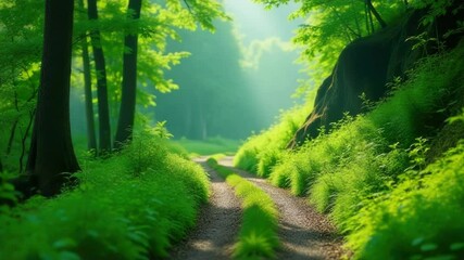 Wall Mural - A dirt road surrounded by dense green foliage.