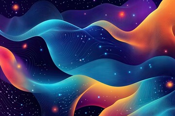 Poster - Abstract Cosmic Landscape with Wavy Lines Glowing Particles and Vibrant Color Gradients in Space