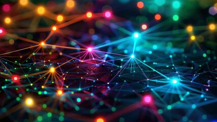 Aufkleber - Colorful network connections create a vibrant digital landscape with glowing nodes and lines representing data flow and interconnectedness in a high-tech environment