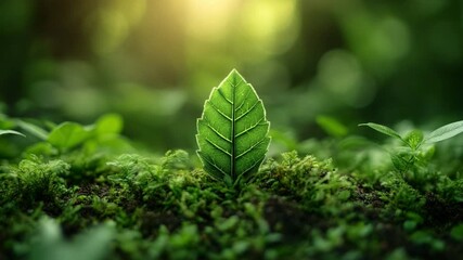 Poster - New Leaf Growth: A single, vibrant green leaf emerges from a bed of lush moss, symbolizing growth, renewal, and the beauty of nature's delicate balance.