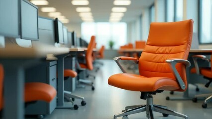 Poster - A bright orange office chair sits in front of a computer desk, perfect for a modern workspace or home office.