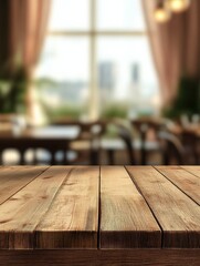 Poster - Wooden table positioned in front of an out-of-focus interior background.