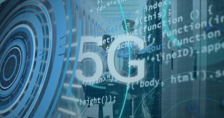 Poster - Image of 5g text banner against caucasian male and female engineers working at server room