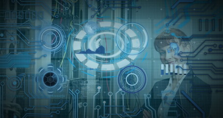 Poster - Image of 5g text banner and round scanners over caucasian female engineer at server room