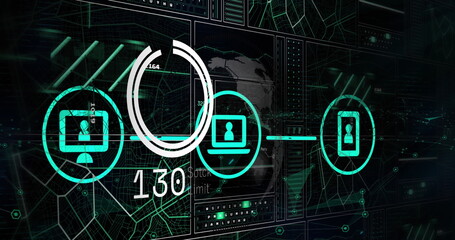 Poster - Displaying desktop, laptop, smartphone icons syncing data on UI, with circular progress bar