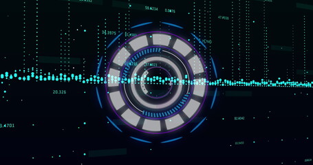 Poster - Animating central circular HUD interface on dark grid, with waveform data streams and readouts