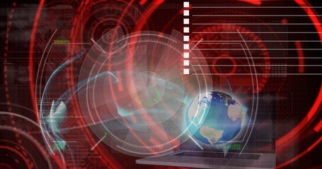 Poster - Holographic Earth globe floating in control center on grid, with laptop keyboard and HUD reticles