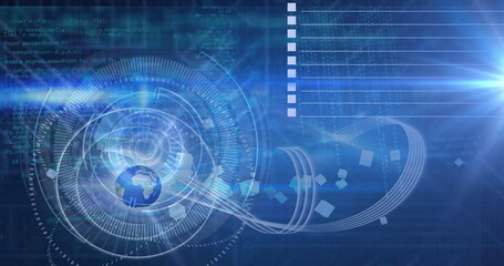 Poster - Displaying translucent blue globe encircled by HUD rings in virtual command center, data streams
