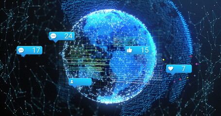 Aufkleber - Showing digital network globe glowing in dark digital matrix, with code and blue social media icons