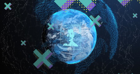 Aufkleber - Displaying central Earth globe rotating in data grid, with recognition frame, glowing dots, X icons