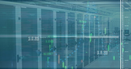 Poster - Displaying central server cabinets and cable trays in data center corridor, with data overlays
