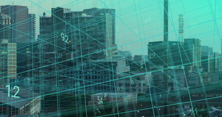 Poster - Displaying urban skyline under turquoise data grid overlay in downtown, with numeric values