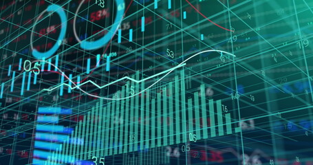 Poster - Displaying teal bar chart in dashboard showing numeric grid overlays, fluctuating line graph, rings