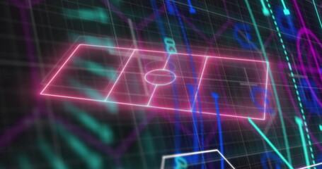 Poster - Neon pink soccer field outline floating in dark grid, with streaming teal and purple arrows