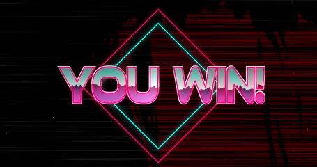 Poster - Displaying neon YOU WIN text over retro synthwave gaming interface, glowing cyan magenta diamond