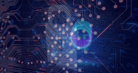 Poster - Displaying holographic fingerprint and padlock icon merging with circuitry in network, neon lines