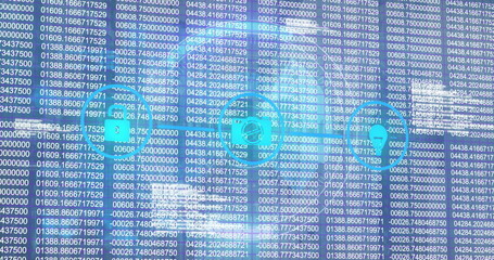 Poster - Displaying padlock, computer and location pin icons on horizontal line over data columns on screen