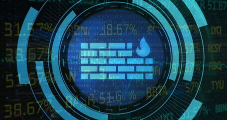 Poster - Displaying brick wall droplet icon in security interface with binary streams and alphanumeric codes