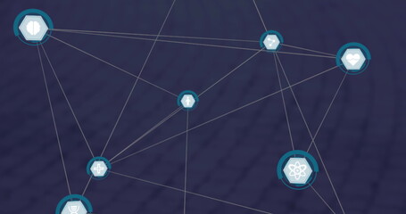 Poster - Displaying network extending on purple grid with hexagon science, health and navigation icons