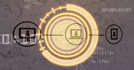 connecting laptop icon with glowing rings across digital network, with monitor and smartphone icons
