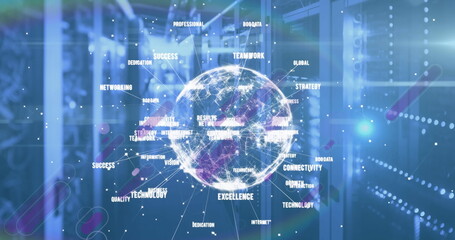 Poster - Projecting holographic network globe over server racks, cables in corridor, showing floating labels