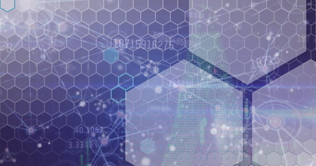 Poster - Shifting translucent hexagonal grid morphing in virtual interface, futuristic data visualization