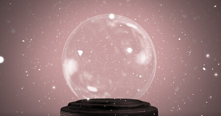 Poster - Displaying transparent glass sphere resting on dark wooden pedestal in studio, with white particles
