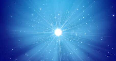 Poster - Radiating beams, bright white light burst shining in abstract scene, with blue gradient backdrop