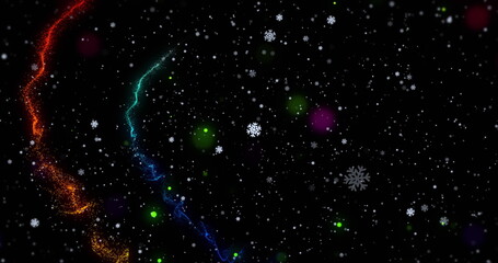 Aufkleber - Swirling orange and cyan sparks rising through dark space, snowflakes, green purple orbs copy space