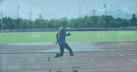 Poster - Sprinting teenage boy wearing blue sleeveless top on red track, with running prosthetic blades