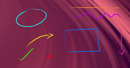 Poster - Displaying colorful shapes on maroon swirl, cyan oval, arrows, check mark, X, rectangle and lines