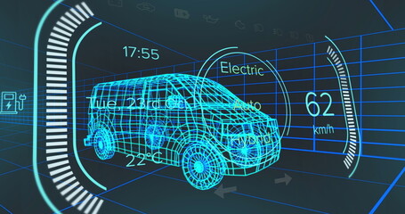 Poster - Displaying wireframe electric van model in virtual HUD, showing speed gauge and progress bars