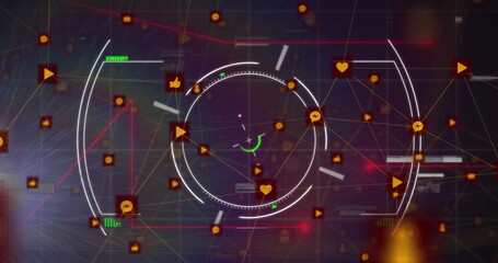 Poster - Rotating HUD reticle analyzing data in network interface, showing social media icons, network lines