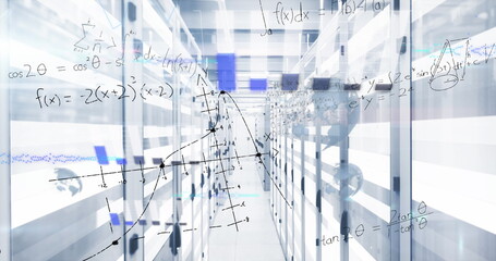 Poster - Displaying server racks lining data center aisle with LED panels, floating math and graph overlays