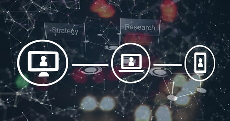Fototapete - Displaying white device icons connecting on dark node grid plane, with Strategy and Research labels